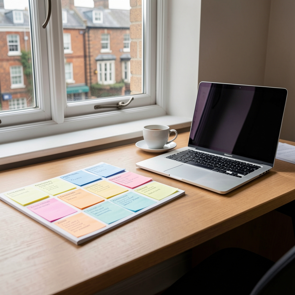 Editorial desk with colour coded research notes, a laptop and a cup beside a window in Leicester