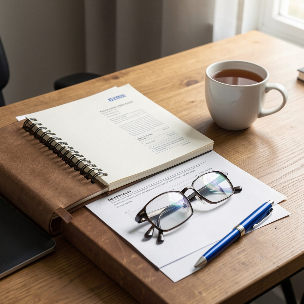 Editorial desk with notebooks, reference papers, a blue pen and reading glasses arranged beside a cup of tea