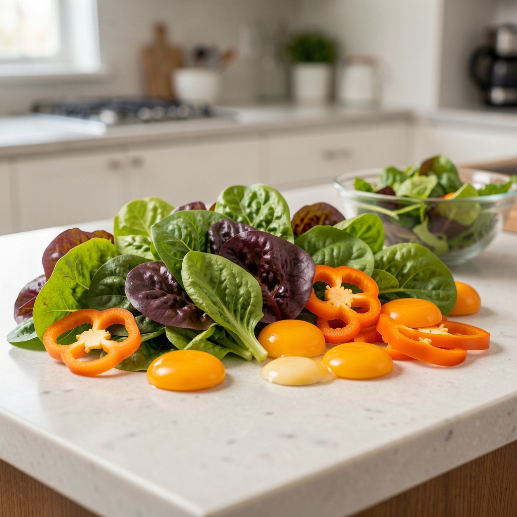 Colourful leafy greens, orange peppers and egg yolks arranged as a bright food study on a kitchen counter