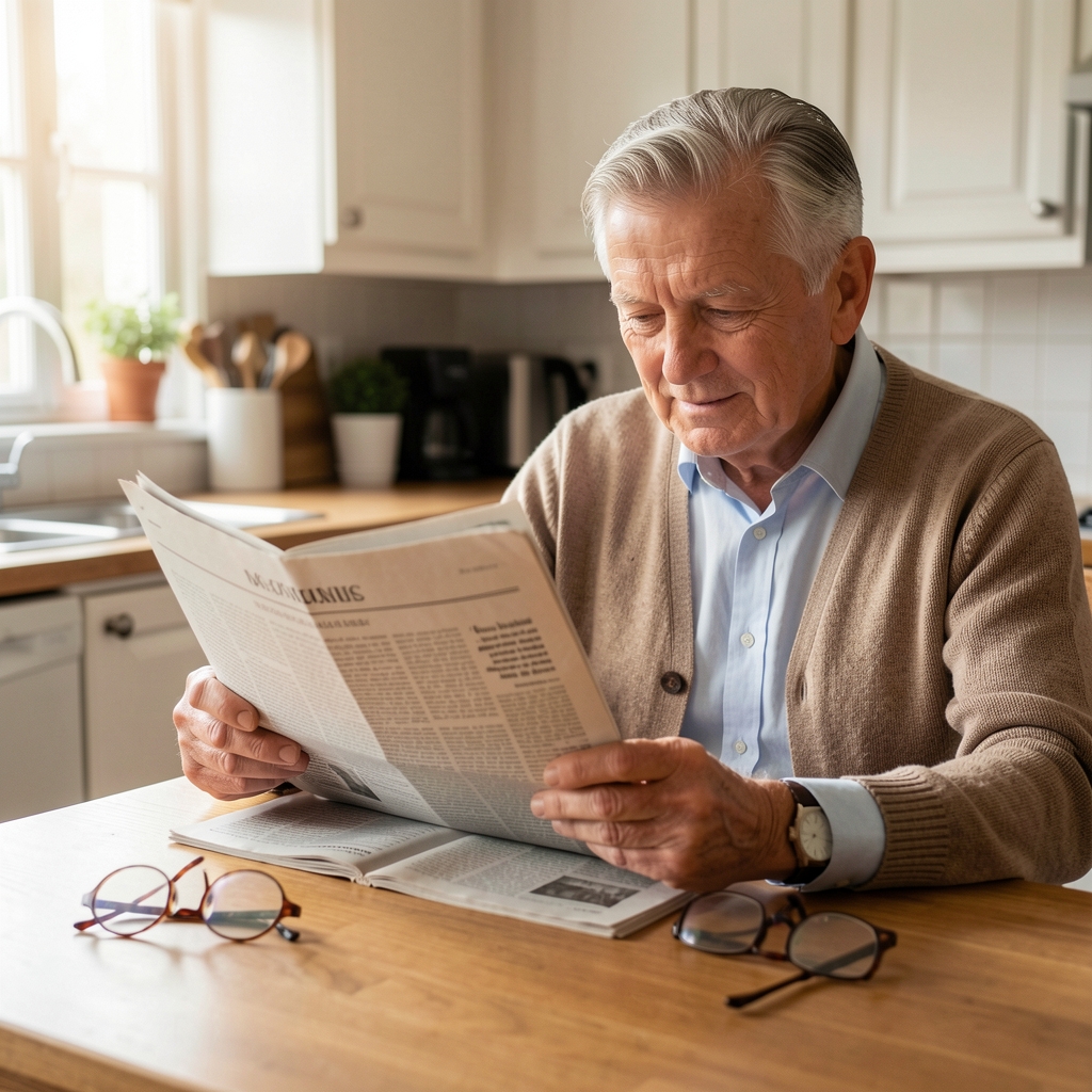 Mature adult reading a newspaper in soft morning light at a kitchen table with spectacles resting beside the page