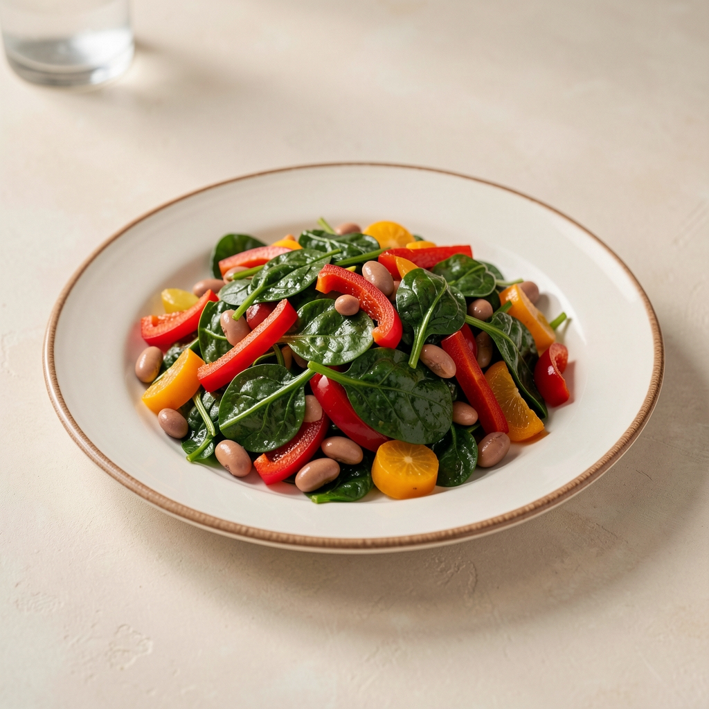 Mediterranean-style plate with spinach, peppers, beans and colourful vegetables on a pale table