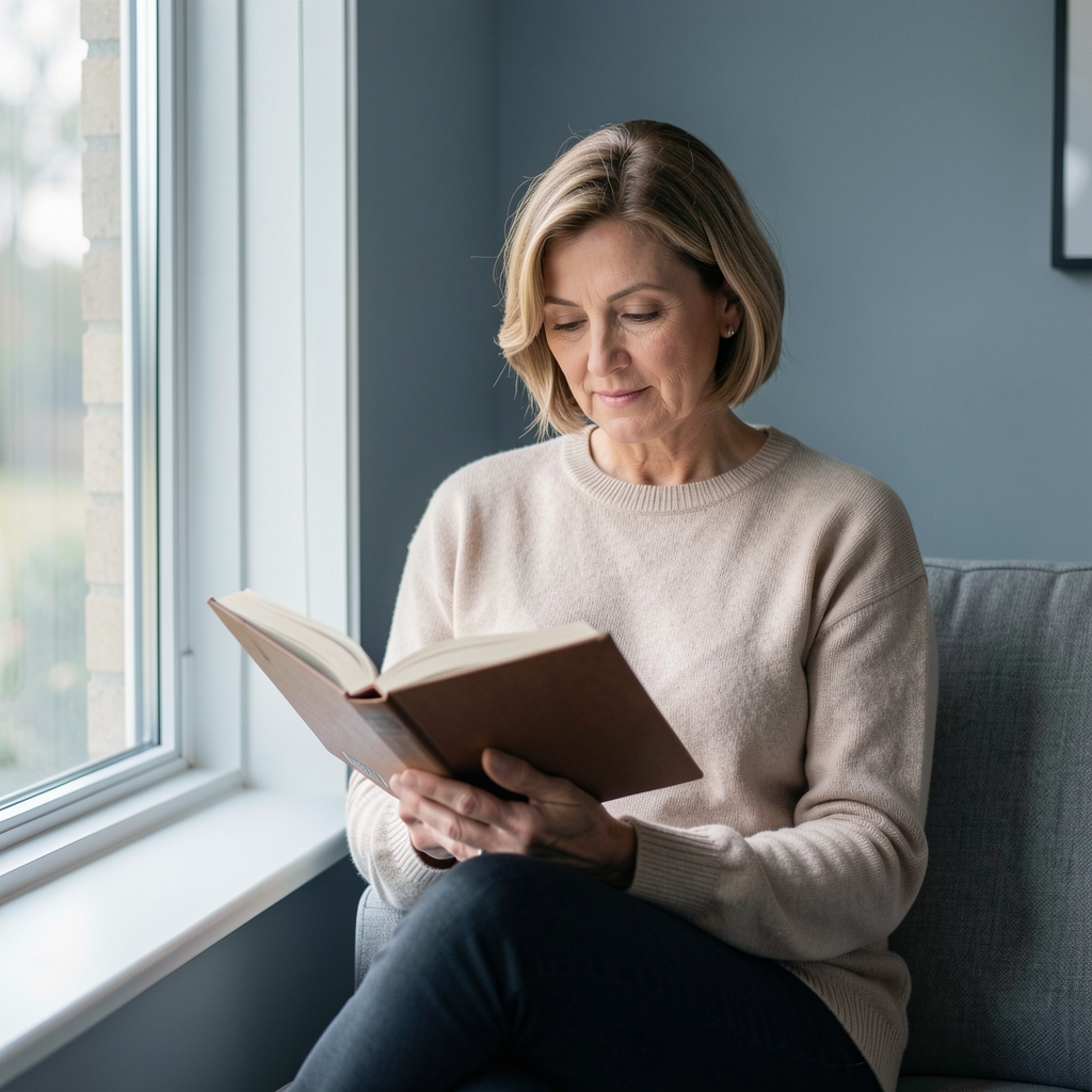 Woman over 40 reading comfortably near a large window with soft daylight and a neutral blue-grey interior