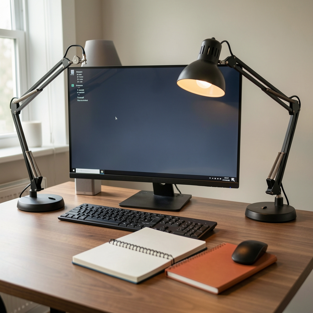 Home desk with monitor, adjustable lamp and notebook arranged for an uncluttered screen-reading session
