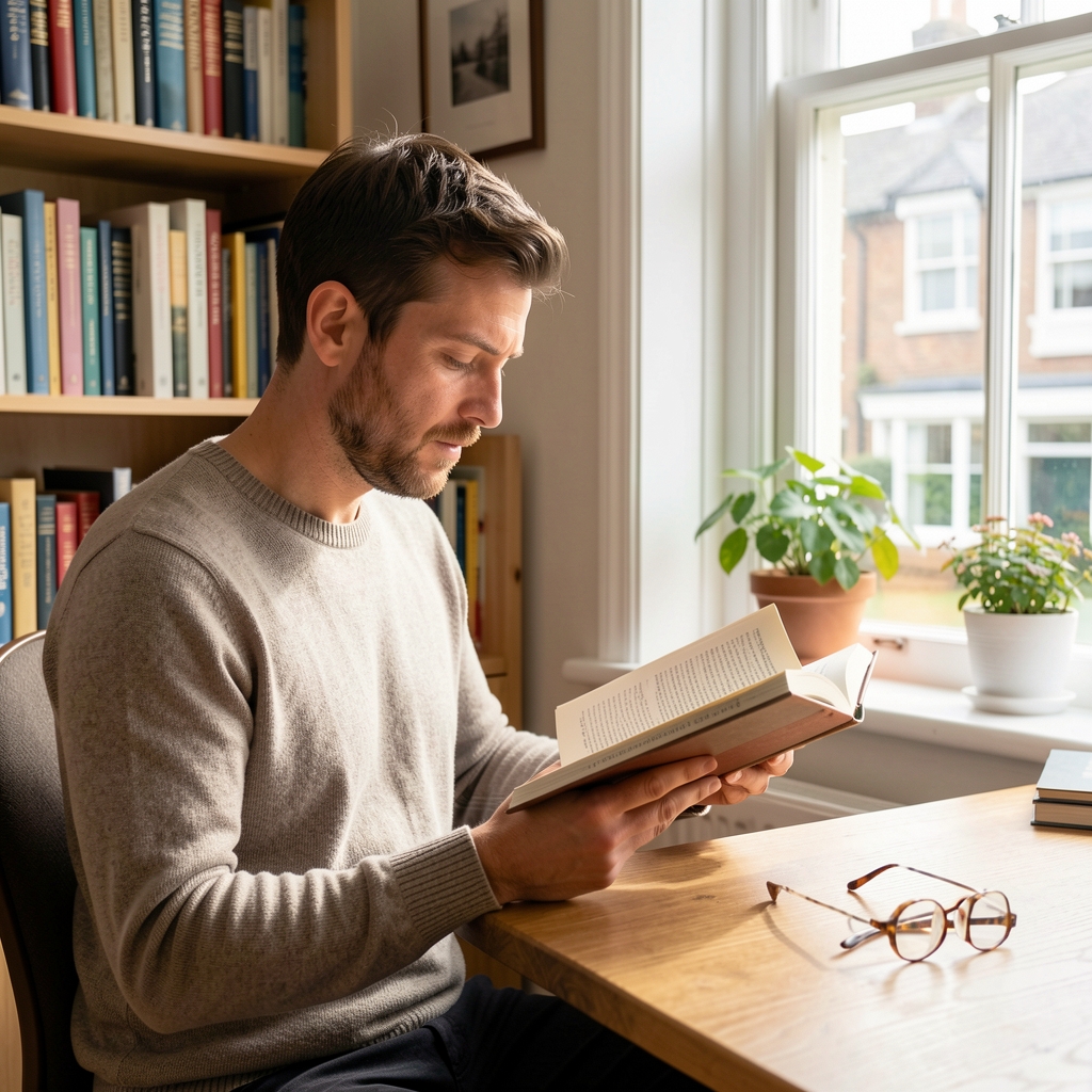 Older British reader in a bright Leicester study examining a book beside a window with reading glasses nearby