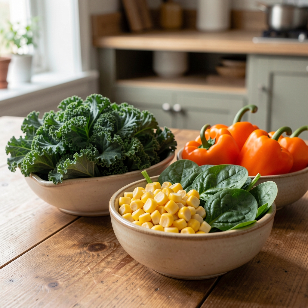 Kale, spinach, sweetcorn and orange peppers arranged in ceramic bowls on a kitchen table