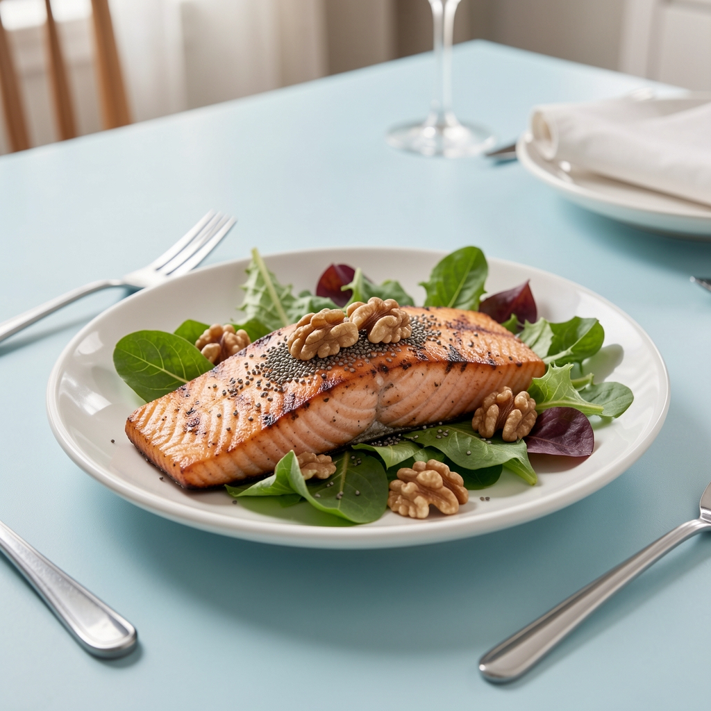 Grilled salmon, walnuts, chia seeds and leafy salad on a pale blue dining table