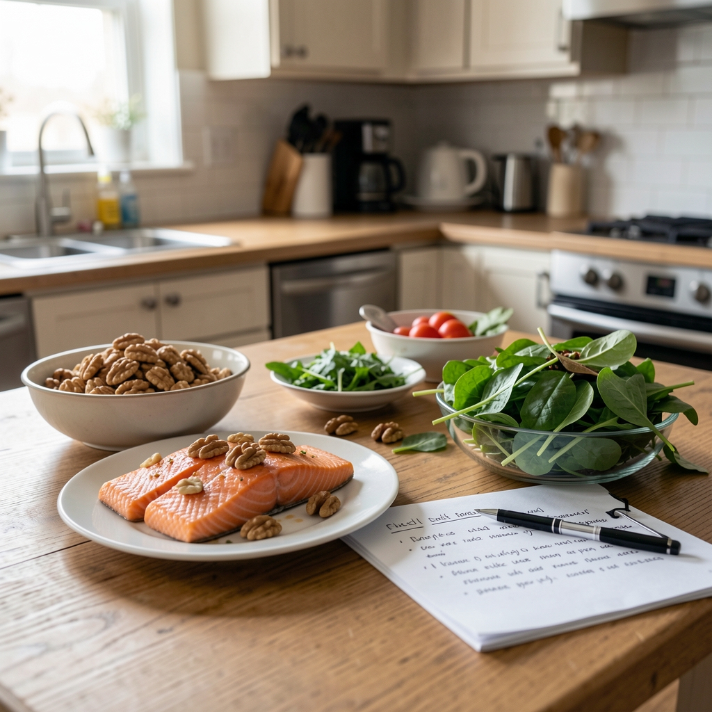 Shared kitchen table with salmon, walnuts, leafy greens and measuring notes for a nutrition article