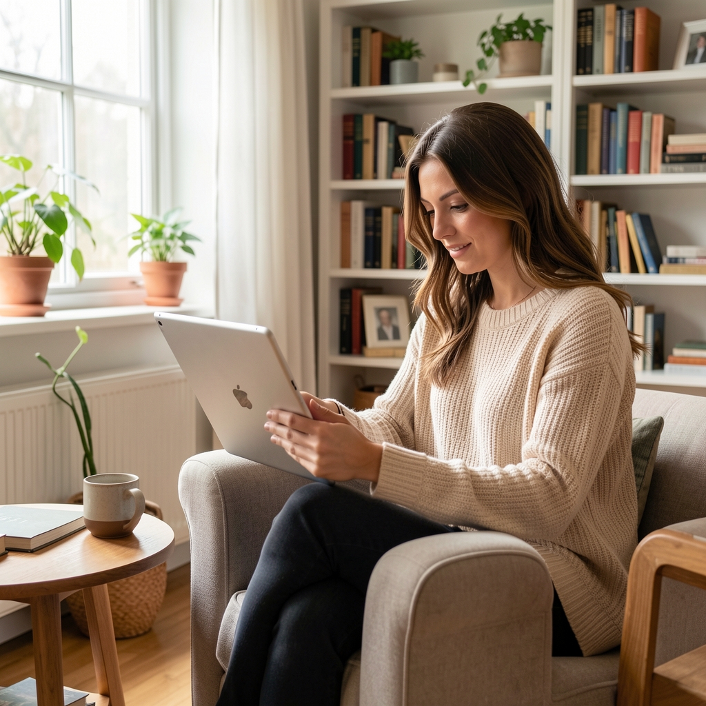 Woman adjusting the distance between a tablet and her reading chair in a bright home study