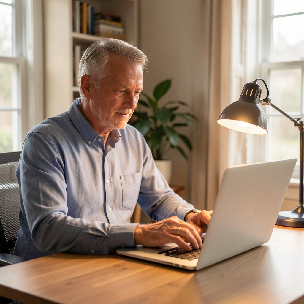 Mature man working at a laptop in a softly lit home office with a desk lamp
