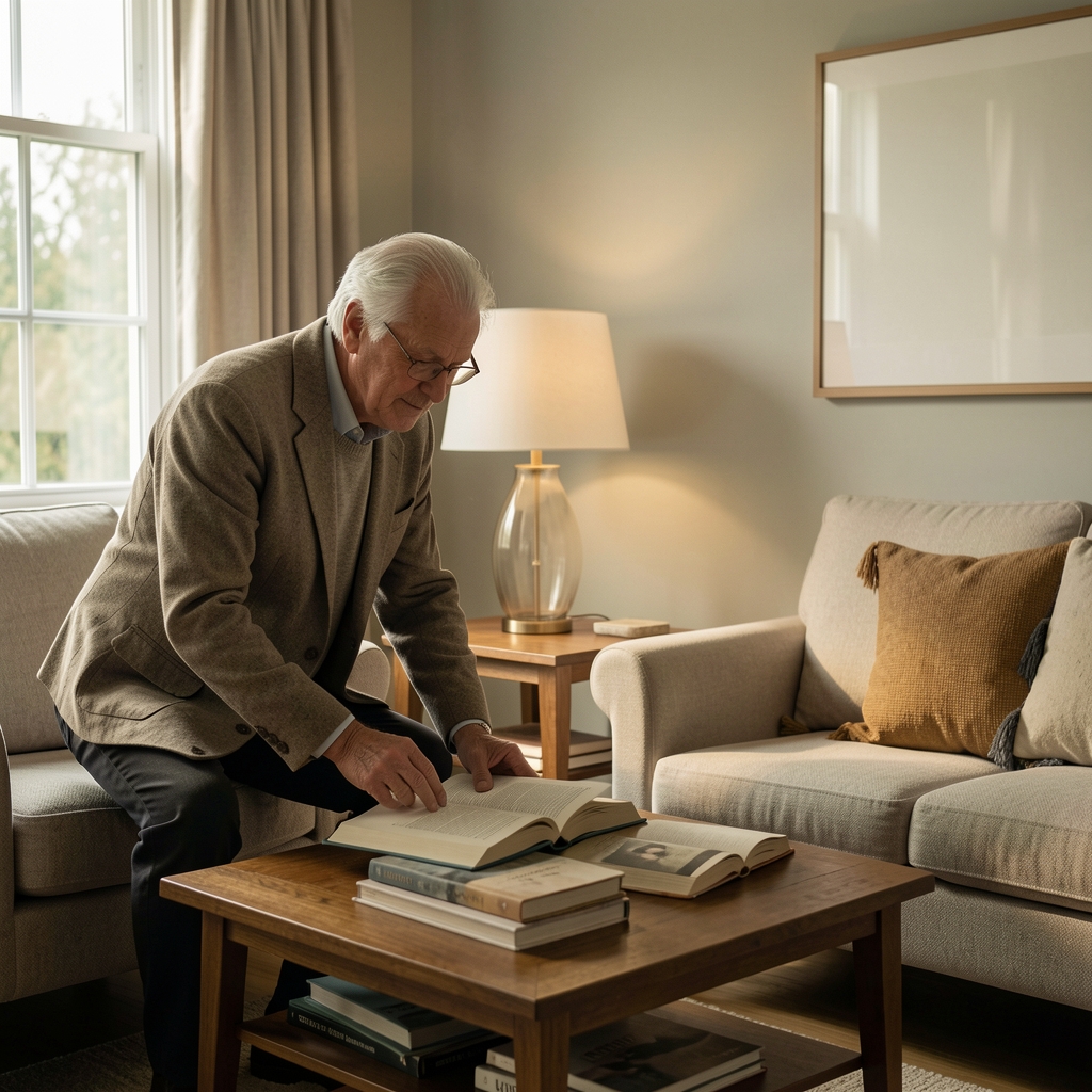 Older reader moving a lamp closer to a book in a calm sitting room with contrasting surfaces