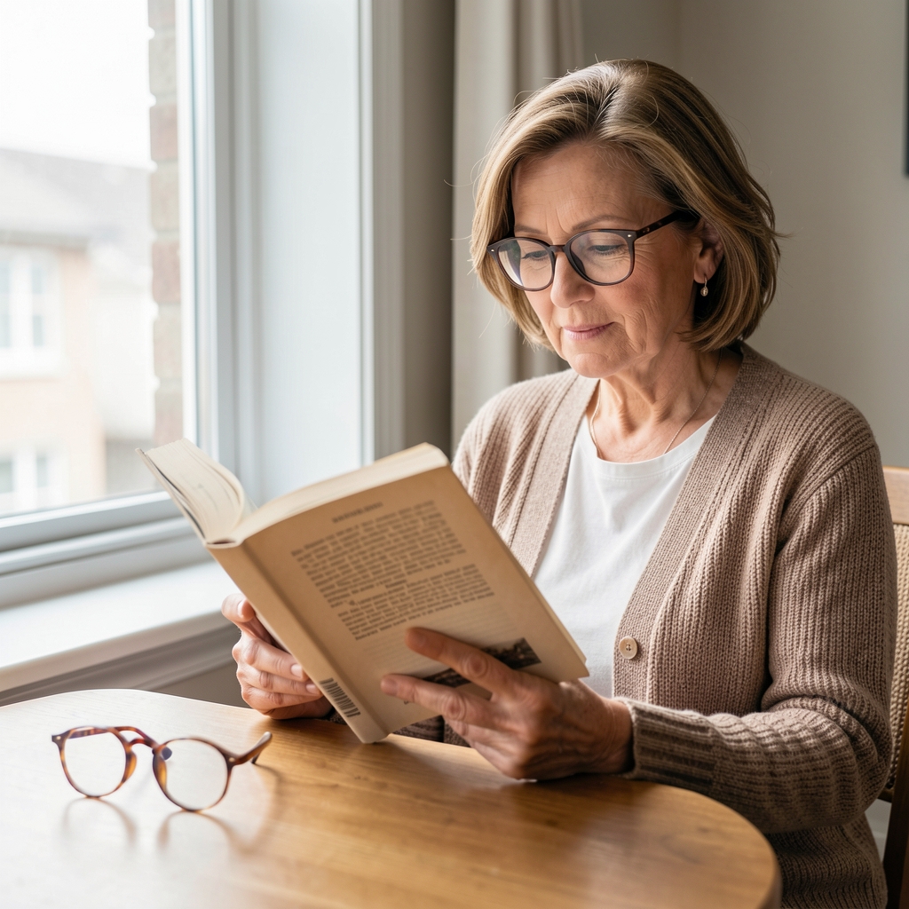 Mature woman reading a paperback near a bright window with reading glasses on a table