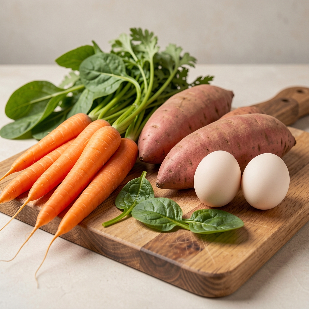 Carrots, sweet potato, spinach and eggs displayed beside a wooden chopping board