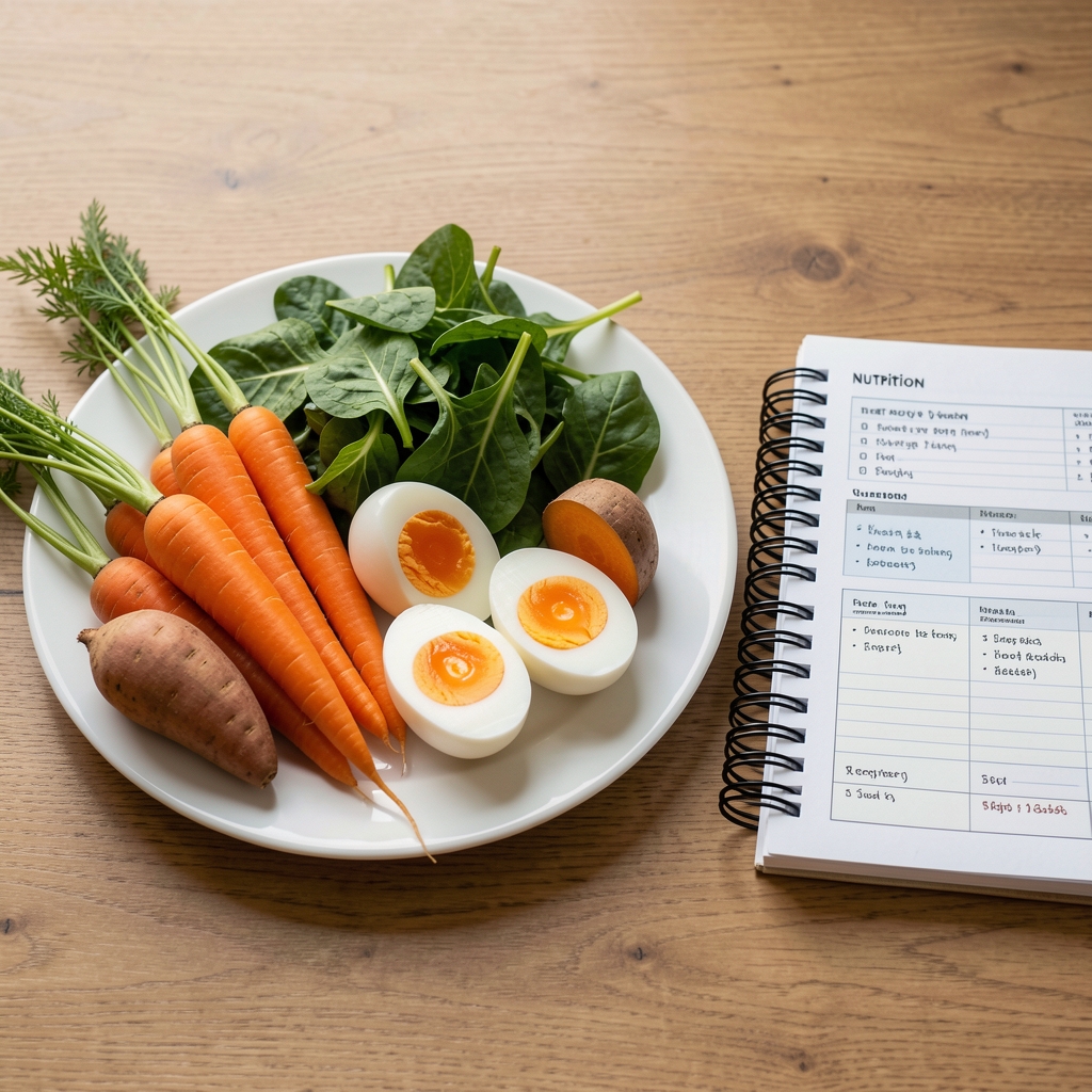 Colourful plate of carrots, leafy greens, eggs and sweet potato beside a nutrition notebook
