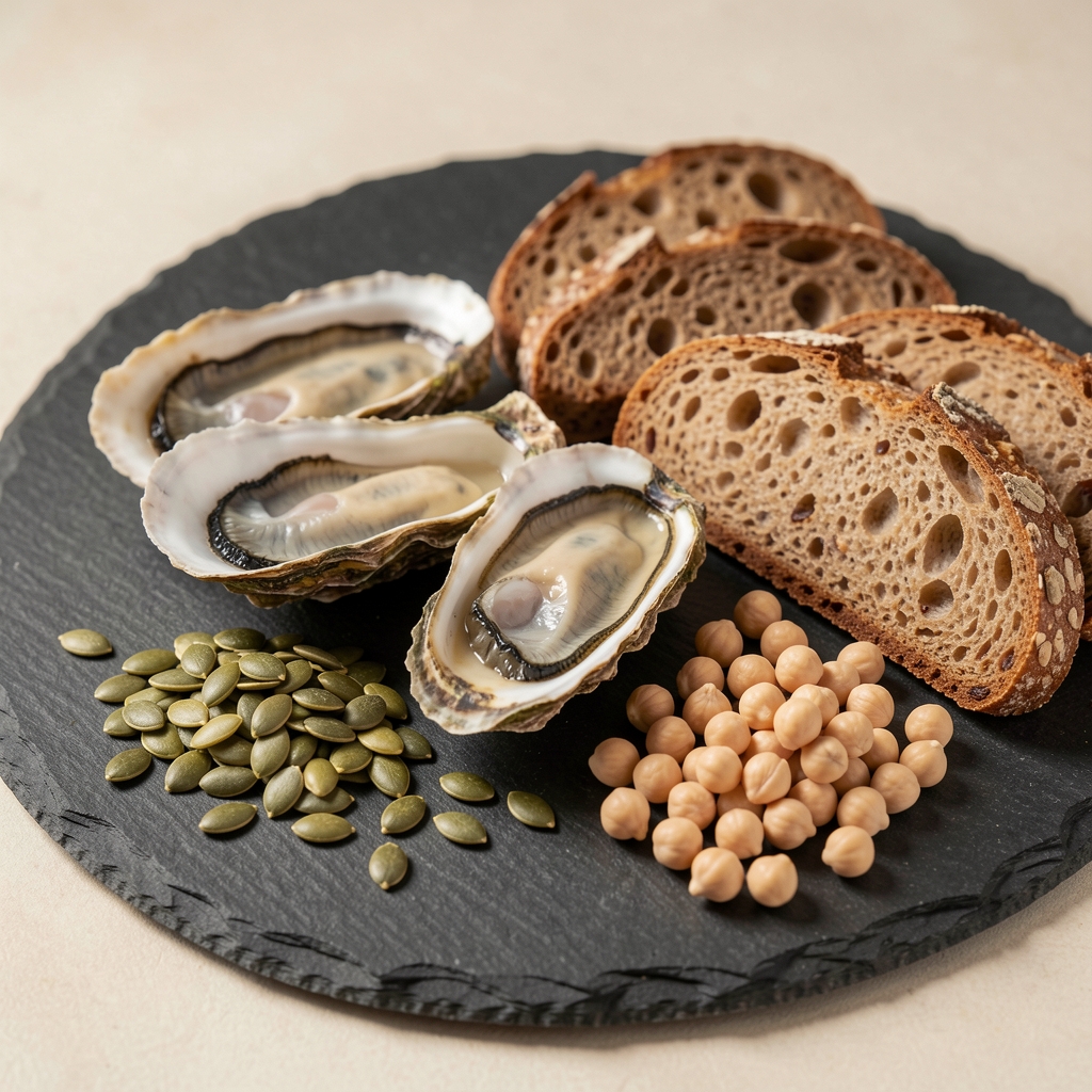 Oysters, pumpkin seeds, chickpeas and wholegrain bread arranged on a slate board