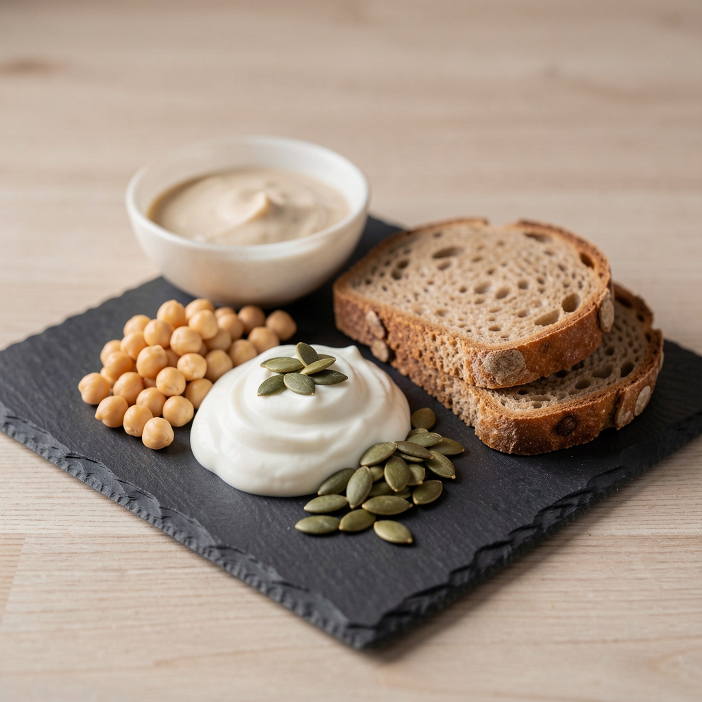 Balanced lunch with chickpeas, pumpkin seeds, yoghurt and wholegrain bread arranged on a slate plate